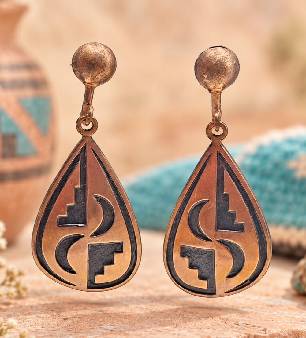 Vintage WM Wheeler Copper Teardrop Earrings Black Niello Southwest 1980s SantaFe